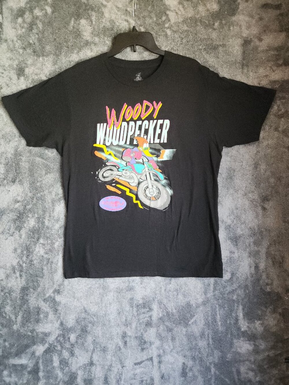 Woody Woodpecker Shirt Mens Large Black Dirt Bike Walter Lantz Looney Tunes EUC